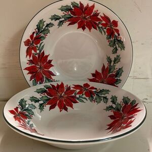Two vintage Totally Today 7.5” x 2” white with detailed poinsettias coupe  bowls